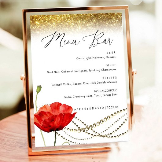 Glitter Klaproos Elegant Trouw Menu Bar Bord  Poster