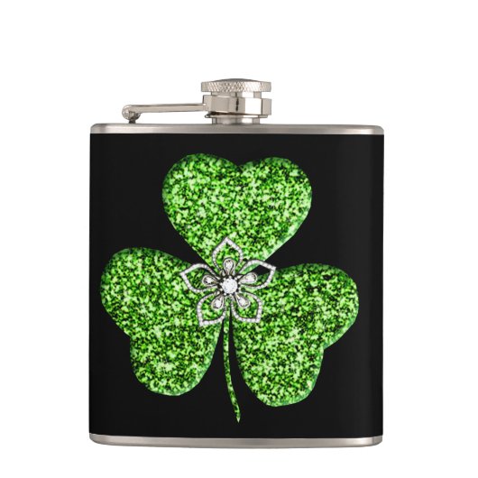 Glitter Klaverblad En Bloem Fles Heupfles (Voorkant)