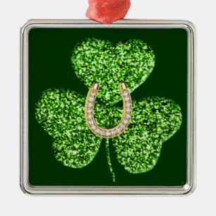 Glitter Klavertjevier en Hoefijzer Vierkant Orname Metalen Ornament