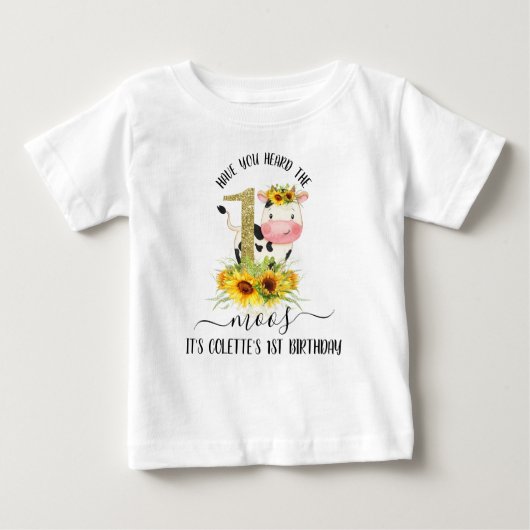 Glitter Koe Zonnebloemen 1e verjaardag T Shirt (Voorkant)