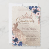 Glitter Kroon Drips,Jurk,Blauwe Rozen Quinceañera  Kaart (Voorkant)