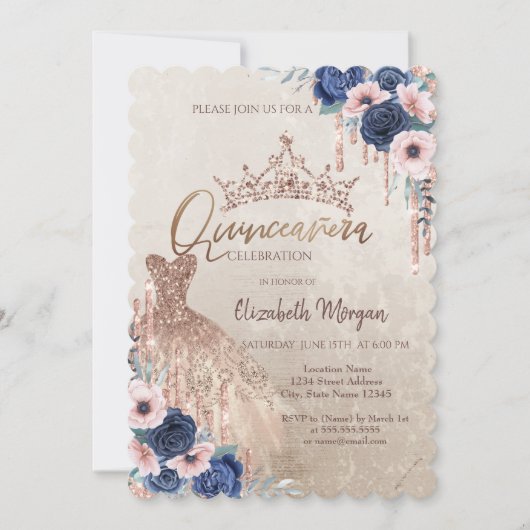 Glitter Kroon Drips,Jurk,Blauwe Rozen Quinceañera  Kaart (Voorkant)