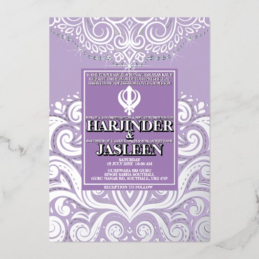 Glitter Lavendel Zilveren Sikh Anand Karaj Wedding Folie Uitnodiging (Voorkant)