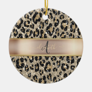 Glitter Leopard Pattern Monogram Keramisch Ornament