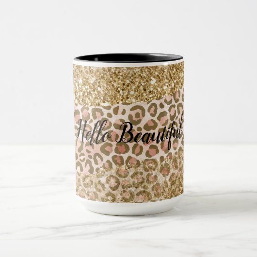 Glitter Leopard-printer voor Girly Gold Peach Mok (Midden)