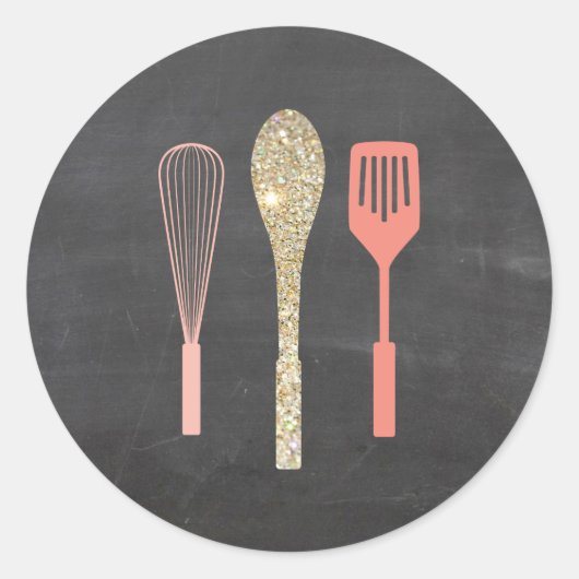 Glitter Lepel Whisk Spatel op Chalkboard Ronde Sticker (Voorkant)