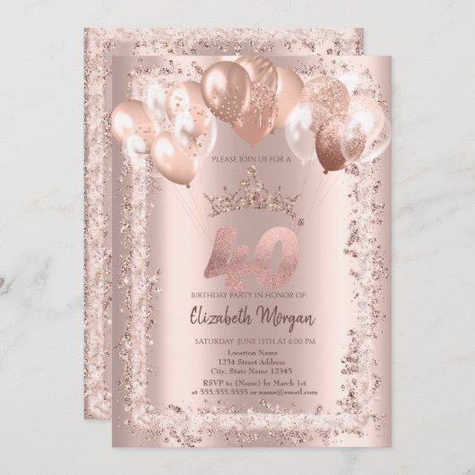 Glitter Lijst, Kroon, Ballonnen 40e Verjaardag Kaart (Voorkant / Achterkant)