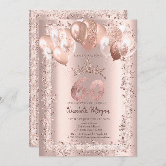 Glitter Lijst, kroon, ballonnen 60ste verjaardag Kaart (Voorkant / Achterkant)