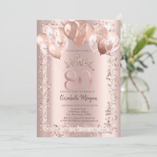 Glitter Lijst, Kroon, Ballonnen 80e Verjaardag Kaart (Staand voorkant)