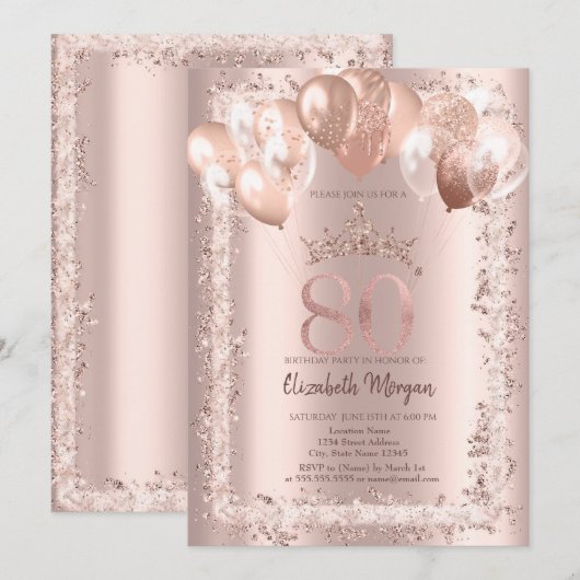 Glitter Lijst, Kroon, Ballonnen 80e Verjaardag Kaart (Voorkant / Achterkant)