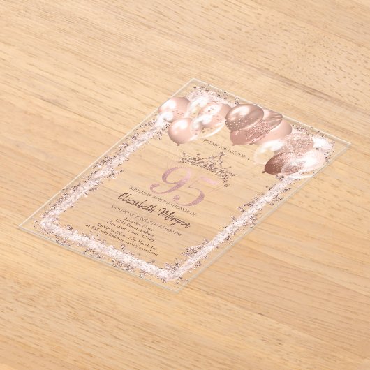 Glitter Lijst, Kroon, Ballonnen 95ste Verjaardag Acryl Uitnodigingen (Laagn)