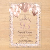 Glitter Lijst, Kroon, Ballonnen 95ste Verjaardag Acryl Uitnodigingen (Voorkant)