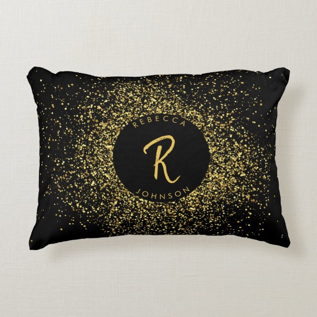 Glitter Lijst monogram goud & zwart Accent Kussen (Voorkant)