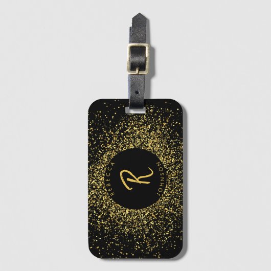 Glitter Lijst monogram goud & zwart Bagagelabel (Voorkant (verticaal))