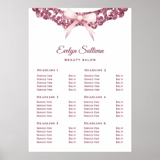  glitter lijst roze boog prijslijst poster (Voorkant)