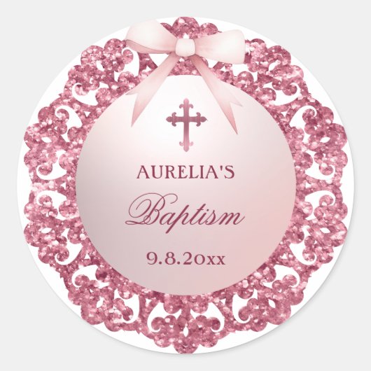 Glitter Lijst Roze Bow Doop Ronde Sticker (Voorkant)