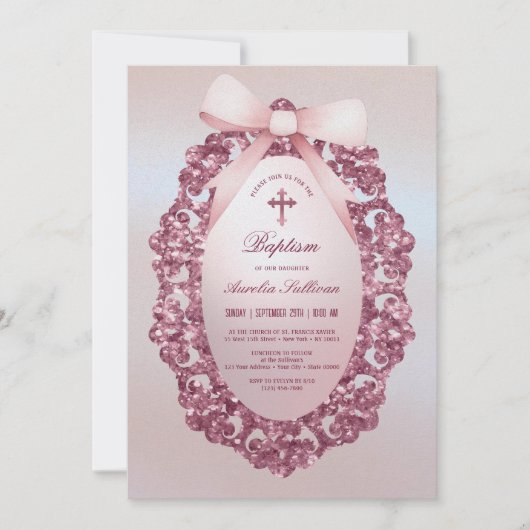  Glitter Lijst Roze Bow Faux Folie Doop Kaart (Voorkant)