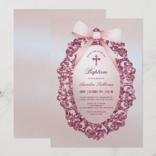  Glitter Lijst Roze Bow Faux Folie Doop Kaart (Voorkant / Achterkant)