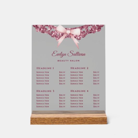  Glitter Lijst Roze Bow Prijslijst Acryl Bord (Voorkant)