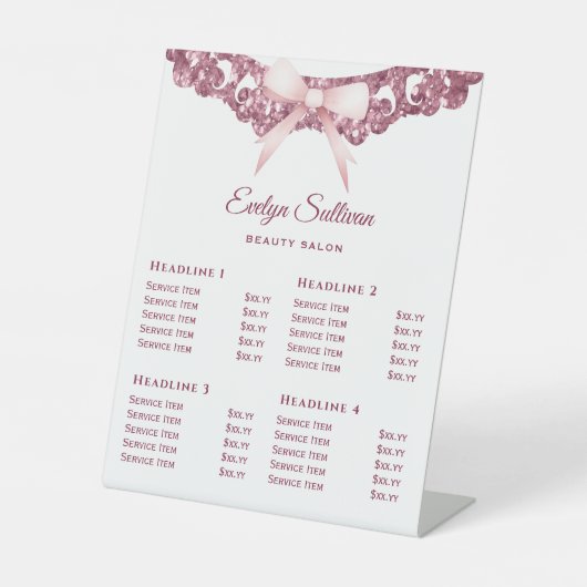  Glitter Lijst Roze Bow Prijslijst Reclamebord Met Voetstuk (Voorkant)