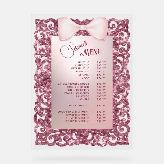  Glitter Lijst Roze Bow Services Menu Acryl Bord (Voorkant)