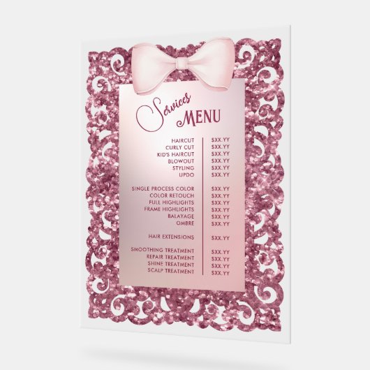  Glitter Lijst Roze Bow Services Menu Acryl Bord (Hoek)