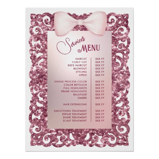 Glitter Lijst Roze Bow Services Menu Perfect Poster (Voorkant)