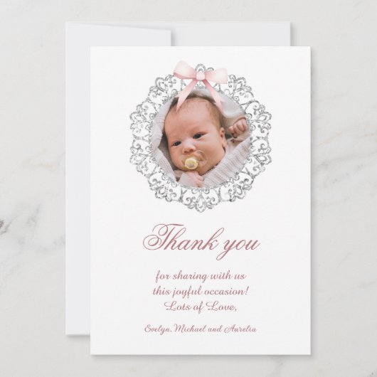 Glitter Lijst Roze strik doop dank u kaart (Voorkant)