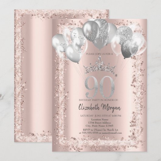 Glitter Lijst, Silver Crown, Ballonnen 90th Kaart (Voorkant / Achterkant)