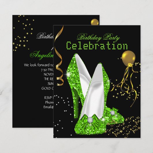 Glitter Lime Green Gold Birthday Party Kaart (Voorkant / Achterkant)