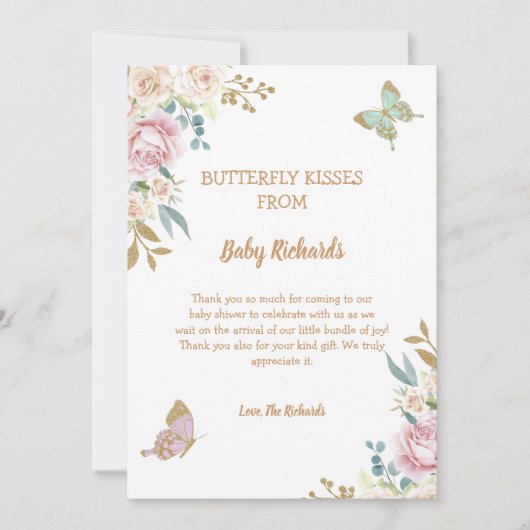 Glitter Little Butterfly Roos Baby shower Bedankkaart (Voorkant)
