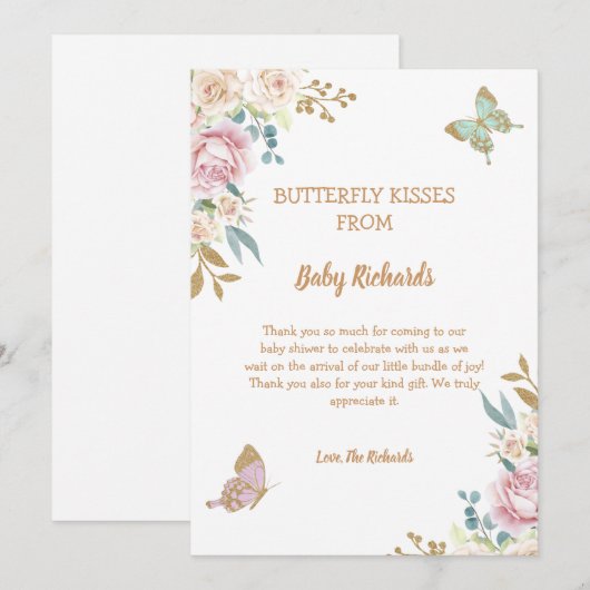 Glitter Little Butterfly Roos Baby shower Bedankkaart (Voorkant / Achterkant)