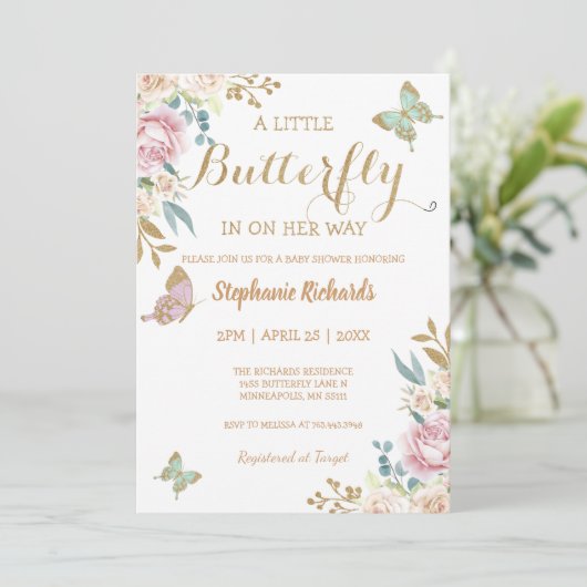 Glitter Little Butterfly Roos Baby shower Kaart (Staand voorkant)