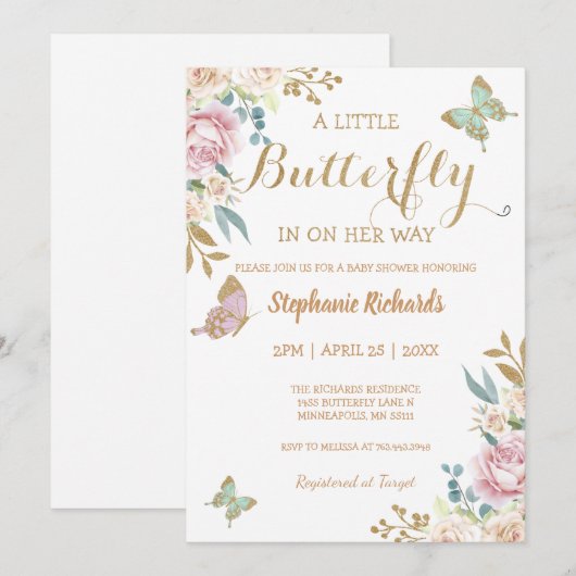 Glitter Little Butterfly Roos Baby shower Kaart (Voorkant / Achterkant)