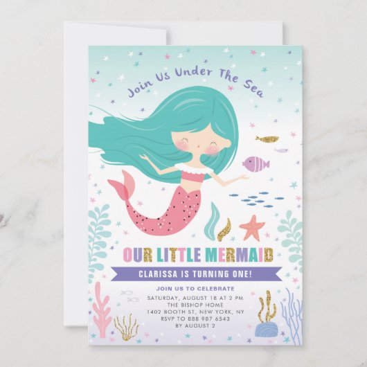 Glitter Little Mermaid Kids Birthday Party Kaart (Voorkant)