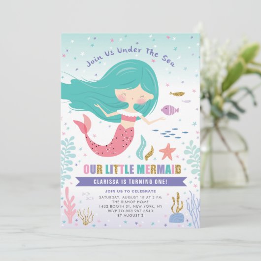 Glitter Little Mermaid Kids Birthday Party Kaart (Staand voorkant)