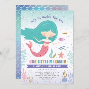 Glitter Little Mermaid Kids Birthday Party Kaart