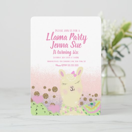 Glitter Llama Birthday Party Doodle Colorful Kaart (Staand voorkant)