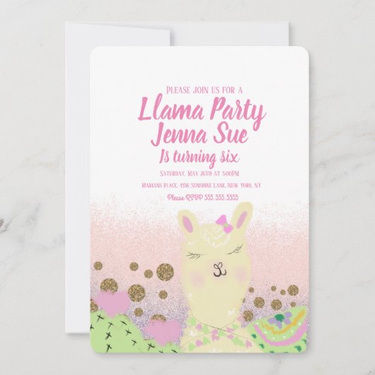 Glitter Llama Birthday Party Doodle Colorful Kaart (Voorkant)