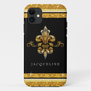 Glitter Look Faux Gold Black Fleur de Lis Case-Mate iPhone Case