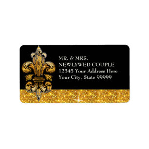 Glitter look Faux Gold Black Formal Fleur de Lis Etiket