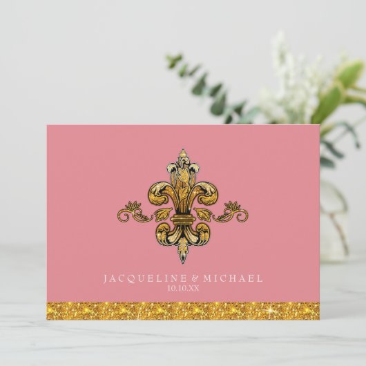 Glitter look Faux Gold Black Formal Fleur de Lis Kaart (Staand voorkant)