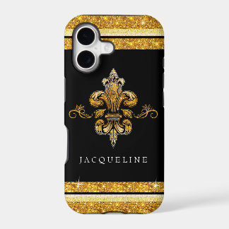 Glitter look Faux Gold Black Franse Fleur de Lis