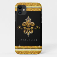 Glitter look Faux Gold Black Franse Fleur de Lis