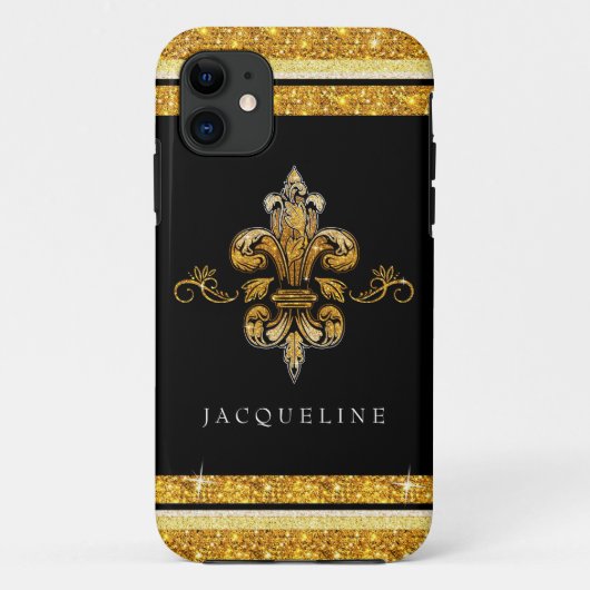 Glitter look Faux Gold Black Franse Fleur de Lis Case-Mate iPhone Case (Achterkant)
