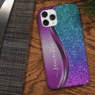Glitter look Heldere Paarse Gepersonaliseerde Naam iPhone 13 Hoesje