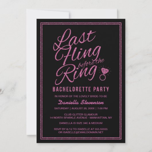 Glitter look Last Fling Bachelorette Party Invite Kaart (Voorkant)