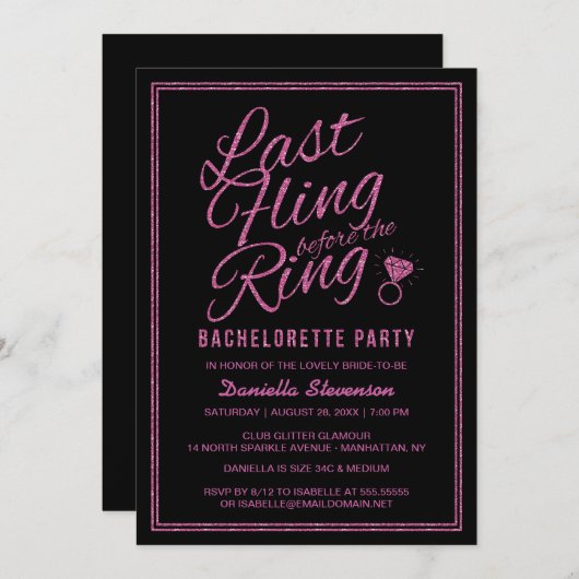 Glitter look Last Fling Bachelorette Party Invite Kaart (Voorkant / Achterkant)