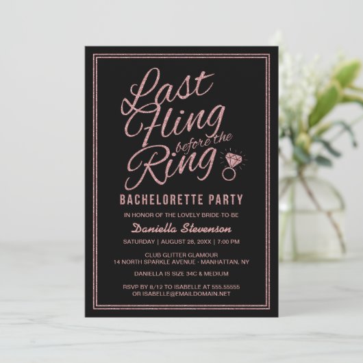 Glitter look Last Fling Bachelorette Party Invite Kaart (Staand voorkant)
