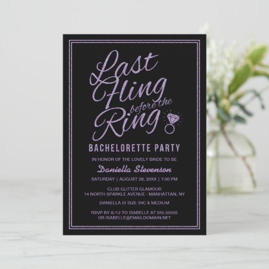 Glitter look Last Fling Bachelorette Party Invite Kaart (Staand voorkant)